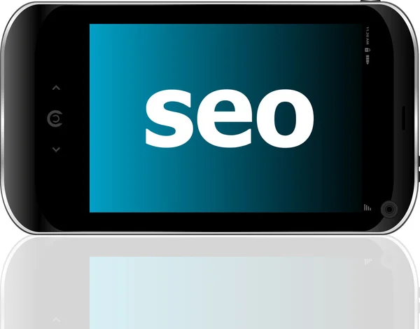 Conceito de desenvolvimento Web: smartphone com palavra SEO em exibição — Fotografia de Stock