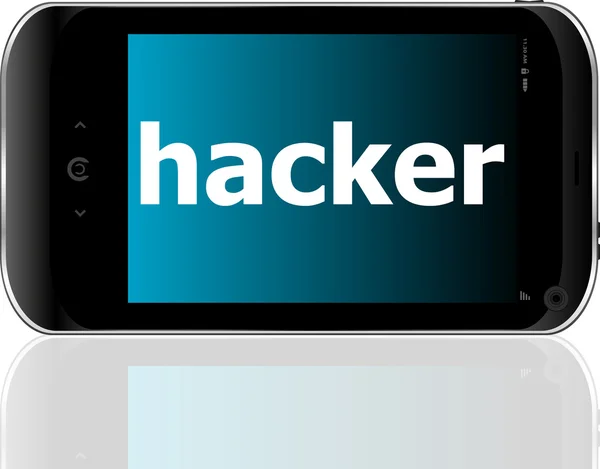 Смартфон со словом хакер на дисплее, бизнес-концепция — стоковое фото