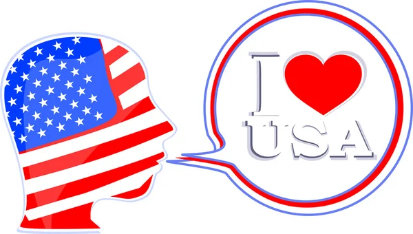 EUA bandeira homem com bolhas de fala - eu amo EUA — Fotografia de Stock