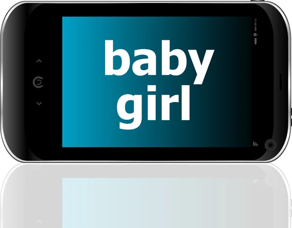 Smartphone numérique avec des mots de bébé fille, concept social — Photo