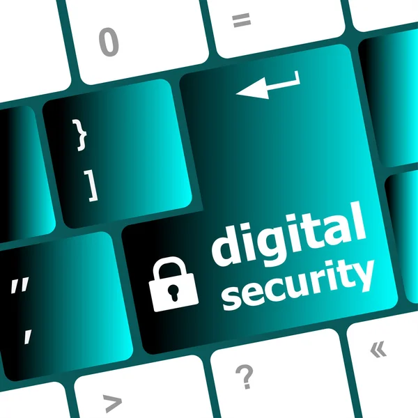 Концепция безопасности: клавиатура компьютера с цифровой иконкой безопасности на фоне кнопки ввода — стоковое фото
