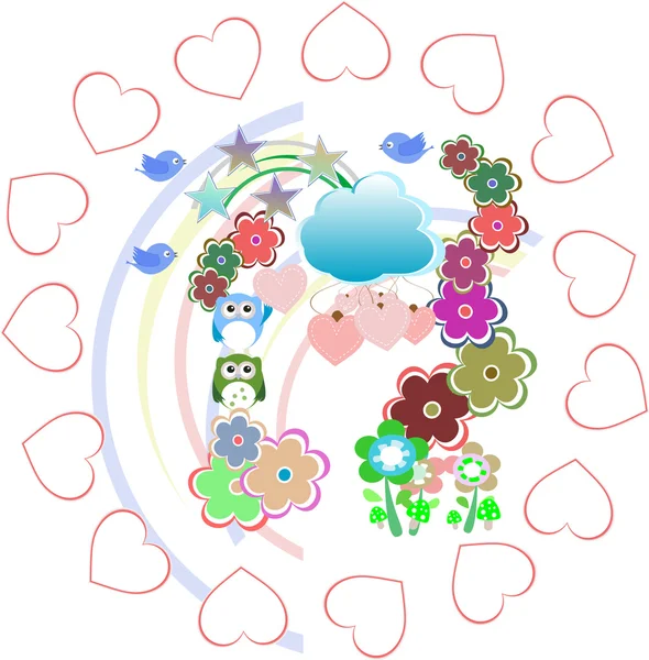 Hintergrund mit Eulenfamilie in Blumen und Liebesherzen — Stockfoto