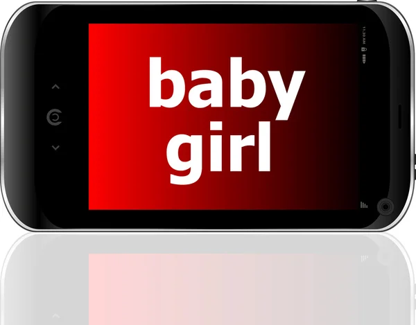 Smartphone numérique avec des mots de bébé fille, concept social — Photo