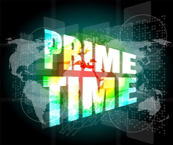 Dünya haritalı dijital ekran arkaplanındaki prime time sözcükleri