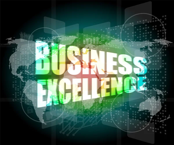 Business excellence woorden op digitale touchscreen met wereld kaarten — Stockfoto