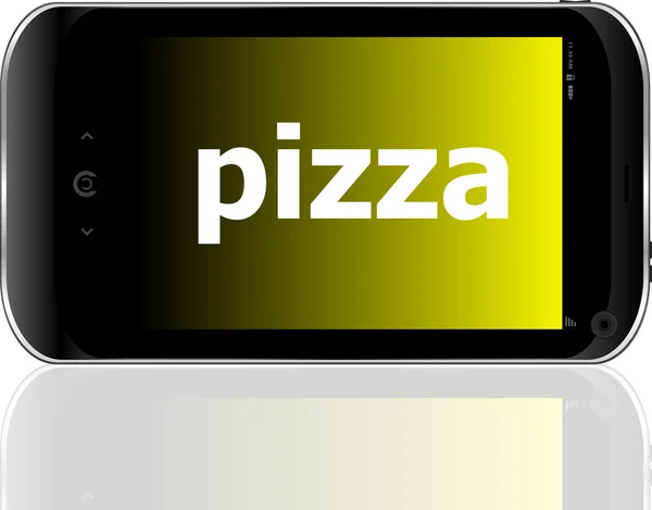 Palavra de pizza no telefone celular inteligente, conceito de comida — Fotografia de Stock