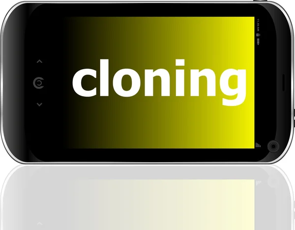 Klonowanie słowo na elegancki telefon komórkowy, koncepcja biznesowa — Zdjęcie stockowe