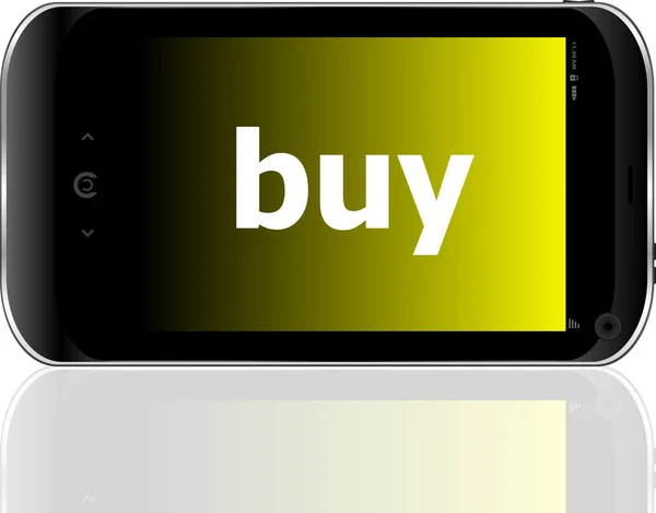 Smartphone com palavra comprar em exposição, conceito de negócio — Fotografia de Stock