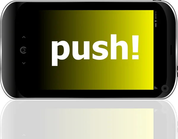 Koncepce rozvoje webu: smartphone s aplikací word tlačit na displeji — Stock fotografie
