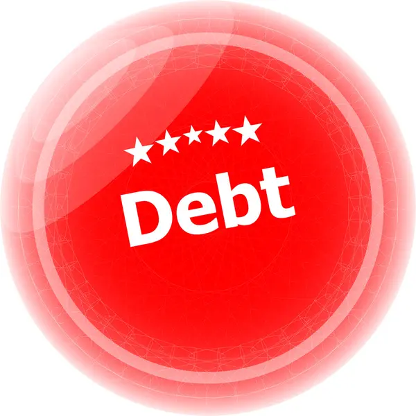 Palabra de deuda en el botón de pegatinas rojas, etiqueta comercial —  Fotos de Stock