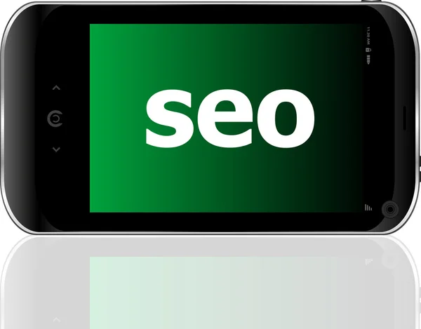 Web-Entwicklungskonzept: Smartphone mit Word-Seo auf dem Display — Stockfoto
