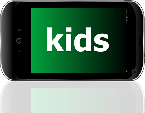 Smart telefon med børn ord, socialt koncept - Stock-foto