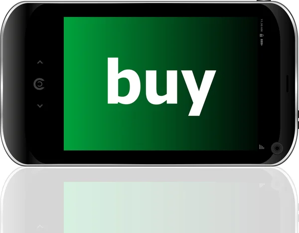 Smartphone con palabra comprar en pantalla, concepto de negocio — Foto de Stock