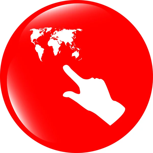 Ikona z ludźmi ręka i znak mapy świata. Symbol strzałek. Ikona aplikacji. Przycisk internetowy — Zdjęcie stockowe
