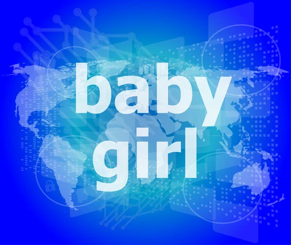 Bebek kız dijital dokunmatik ekranda metin - sosyal konsept — Stok fotoğraf