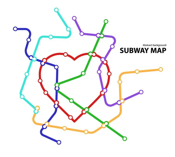 U-Bahn-Karte. Vorlage für ein fiktives Stadtverkehrskonzept für eine unterirdische Übergangsstraße. U-Bahn oder Bus abstrakte Verkehrsmuster mit kreisförmigen herzförmigen farbigen Routen. Vektorkartenillustration — Stockvektor