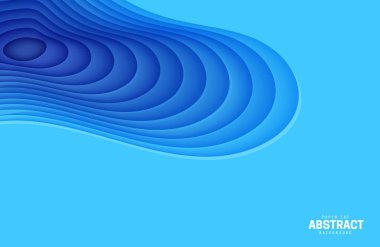 Kağıt kesim tarzında soyut arkaplan. 3 boyutlu duvar kâğıdı. Derin dalgalar halinde modern bir kapağı var. Pürüzsüz gölgeli kağıt kesim sanatıyla mavi katmanlar. Vektör kartı illüstrasyonu, origami geometrik şekilleri