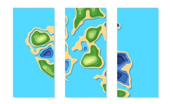 Uppsättning ovanifrån landskap karta banner med i papper stil. Flygfoto 3D-kort samlingar med hav skog och ö. Vektor papercut illustration av kreativa begreppet miljö bevarande. — Stock vektor