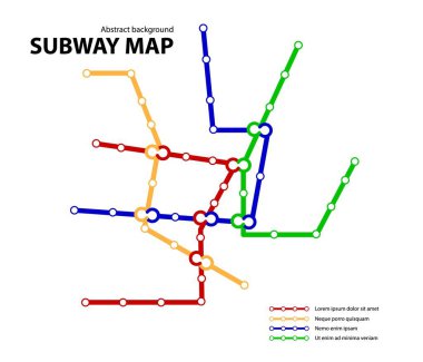 Metro haritası. Yeraltı yolu için hayali şehir toplu taşıma şeması. Metro ya da otobüs farklı renk güzergahlı soyut trafik deseni. İnfografik tasarım için vektör kartı çizimi