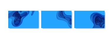 Kağıt kesim tarzında soyut arka planlar. 3 boyutlu duvar kâğıdı. Derin dalgalar halinde modern bir kapağı var. Pürüzsüz gölgeli kağıt kesim sanatıyla mavi katmanlar. Vektör illüstrasyonu, origami geometrik şekilleri