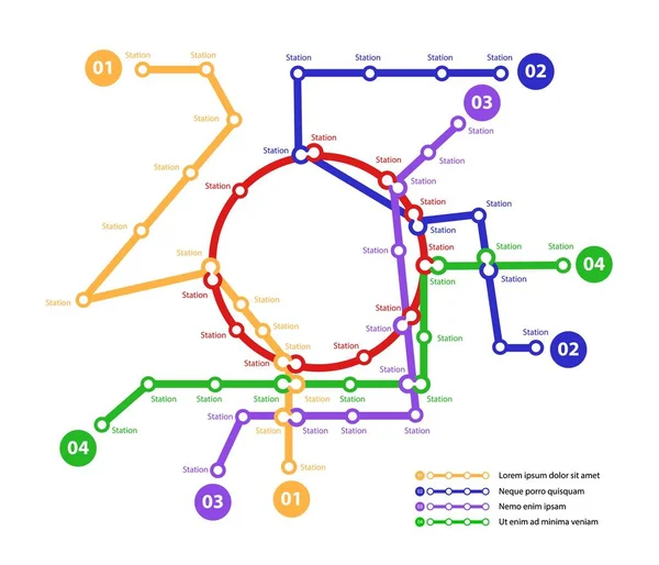Mapa do metro. Modelo do esquema de transporte público urbano fictício para a estrada de transição subterrânea. Metro ou ônibus padrão de tráfego abstrato com rotas de cores circulares. Ilustração de cartão vetorial para design —  Vetores de Stock