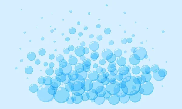 Soap bubbles in cartoon style. A foam sample with blue round shapes. Vector illustration of a card with shampoo or drinking foam. Simple soap background. Oxygen circles fly up — Stock Vector