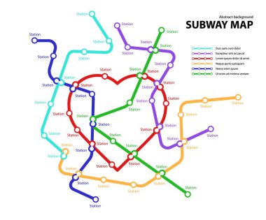 Metro haritası. Yeraltı geçiş yolu için hayali şehir toplu taşıma şeması. Metro ya da otobüs soyut trafik deseni dairesel kalp şeklindeki renk güzergahları. Vektör kartı illüstrasyonu