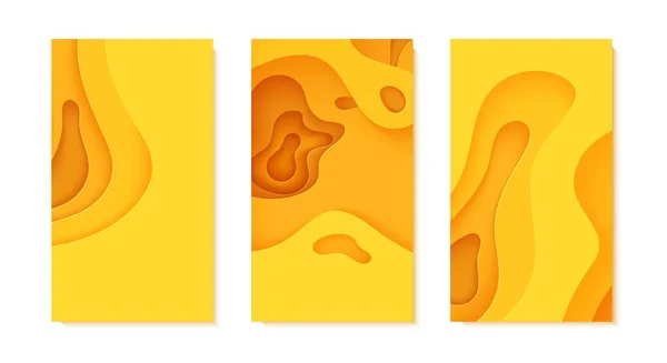 Srt de flyers jaunes abstraits en style papier découpé. Découpe papier peint orange. Modèle ondulé pour sauvegarder la Terre affiches, brochures écologiques, présentations commerciales. Illustration de carte vectorielle — Image vectorielle