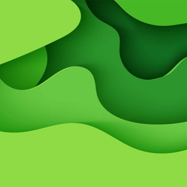 Kağıt kesim tarzında soyut yeşil arkaplan. Mukavvadan kesilmiş 3D duvar kağıdı. Soyut eğri şekilli modern şablon. İşletme afişi için kağıt kesiği dalgalı vektör çevre kartı.