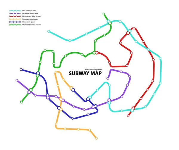 U-Bahn-Karte. Vorlage für ein fiktives Stadtverkehrskonzept für eine unterirdische Übergangsstraße. U-Bahn oder Bus abstrakte Verkehrsmuster mit kreisförmigen herzförmigen farbigen Routen. Vektorkartenillustration — Stockvektor