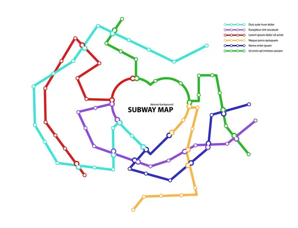 Χάρτης του μετρό. Πρότυπο του σχεδίου δημόσιων συγκοινωνιών φανταστικών πόλεων για υπόγειες μεταβατικές οδούς. Μετρό ή λεωφορείο αφηρημένο μοτίβο κυκλοφορίας με κυκλικό σχήμα καρδιά χρώμα διαδρομές. Εικονογράφηση διανυσματικής κάρτας — Διανυσματικό Αρχείο