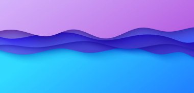 Kağıt kesim tarzında soyut arkaplan. Pembe renkli, yumuşak gölgeli 3 boyutlu dalgalar. Mavi arkaplanlı vektör kartı illüstrasyonu. Üst görünüm bileşimi sıvı kağıt kesimi kenarı şekillendirir