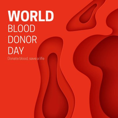 Kâğıt kesim tarzında Dünya Kan Bağışı Günü posteri. Sıvı dalgalı 3 boyutlu kırmızı arkaplan. Lösemi ya da hemofili için vektör kartı çizimleri. İç görüş arteri olan bir sağlık hizmetleri broşürü..