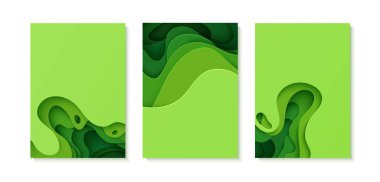 Kağıt kesim tarzında yeşil soyut arkaplan seti. Mukavvadan kesilmiş 3D duvar kağıdı. Soyut eğri şekilli modern şablon. Vektör çevre kartı. Eko posteri için kağıt kesimi dalgaları.