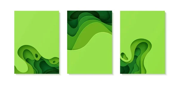 Uppsättning av grön abstrakt bakgrund i pappersklipp stil. 3D layout tapet skuren ur kartong. Modern mall med abstrakta kurva former. Vektorns miljökort. Papercut vågor för eco affisch. — Stock vektor