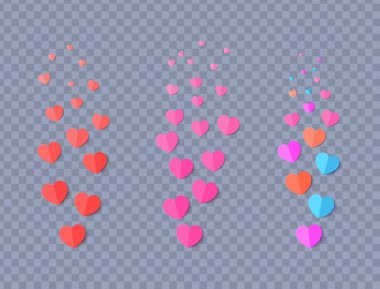 Kağıt kesiği şeklinde akış için renkli kalpler seti. Sosyal medya paylaşımları için kırmızı, turuncu ve mavi kalpler uçuyor, canlı yayın. Blog yazma pozitif tepki şablonu. Vektör illüstrasyonu.