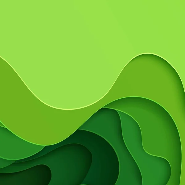 Fundo verde abstrato em estilo de corte de papel. 3d layout papel de parede cortado de papelão. Modelo moderno com formas de curva abstratas. Cartão ambiental vetorial com ondas de corte de papel para cartaz de negócios. — Vetor de Stock