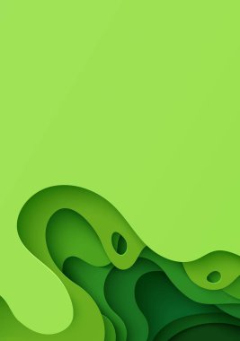 Kağıt kesim tarzında soyut yeşil arkaplan. Mukavvadan kesilmiş 3D duvar kağıdı. Soyut eğri şekilli modern şablon. İşletme afişi için kağıt kesiği dalgalı vektör çevre kartı.