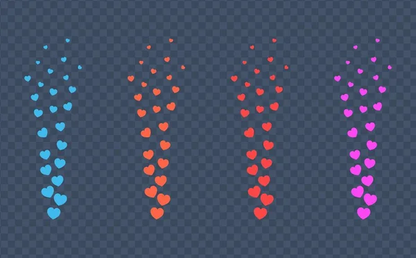 Conjunto de corazones coloridos para arrojar en estilo plano. Flying red pink orange and blue hearts for social media posts, live streaming. Blogging live positive reaction template. Ilustración vectorial. — Vector de stock