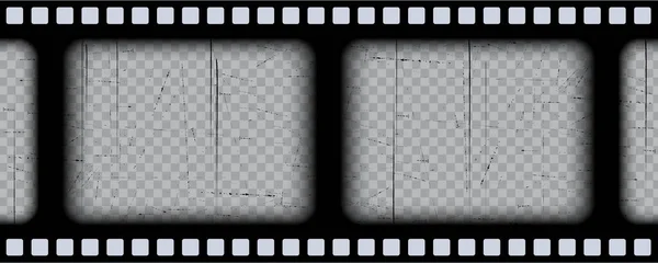 Antiguo marco cinematográfico negro sobre un fondo transparente. Grabación de vídeo o foto vintage rayada. 3d pantalla realista en estilo retro con patrón grunge. Plantilla de diapositiva antigua. Ilustración de tarjeta vectorial — Archivo Imágenes Vectoriales