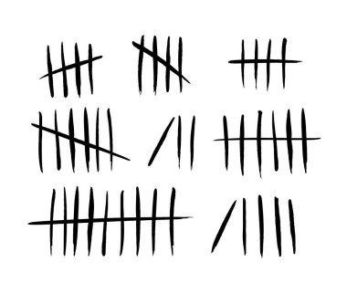 Beyaz arkaplanda büyük izler var. Kara haşhaş koleksiyonu hapishane duvarı, hapishane ya da ıssız ada işaretleri kayıp gün sayısı sayıyor. Tebeşir çizilmiş çubuk çizgileri sayacı. Vektör illüstrasyonu