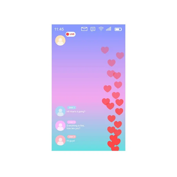 Mockup of mobile app with like live streaming. Interface photo frame design social media application network post template with flying red colored hearts. Vector illustration for video chat, ui, web — стоковый вектор