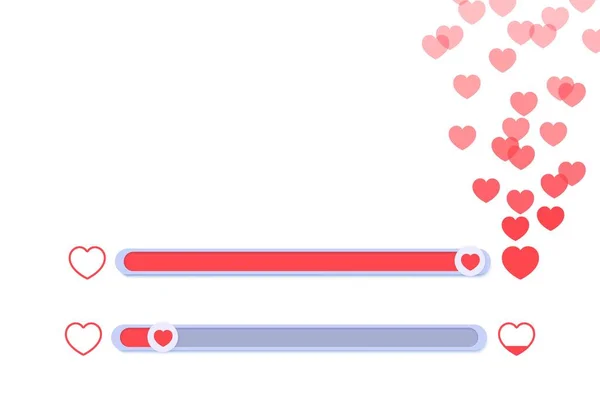 A set of sliders for determining the level of approval. Collection of movable buttons with red hearts, appreciating lively like. Element template for head on social media, mobile app, feedback swipe. — Διανυσματικό Αρχείο