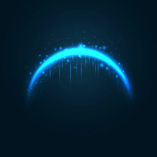 Magic neon blue arc. 3d realistic lighten arch. Fairy curve shiny line with sparkles stars and glitter. Curved luminous neon line with flying lights on a dark background. Vector card illustration — Stock Vector