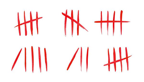 Tally marks set on white background. Collection of blood red hash marks signs of prison wall, jail or desert island lost day tally numbers counting. Vector chalk drawn sticks lines counter.