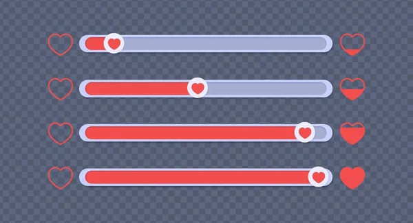 Un conjunto de controles deslizantes para determinar el nivel de homologación. Colección de botones móviles con corazones rojos, apreciando vivamente como. Plantilla de elemento para la cabeza en las redes sociales, aplicación móvil, deslizamiento de retroalimentación. — Archivo Imágenes Vectoriales