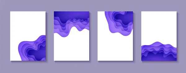 Set abstrakter Hintergründe im Scherenschnitt-Stil. 3D-Flyer Kollektion lila und weißen Farben Wellen mit glatten Schatten. Vektorillustration mit geschichteter, gekrümmter Linienform rechteckige Komposition — Stockvektor