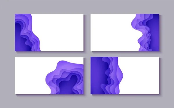 Set di sfondi astratti in stile taglio carta. 3d flyer collezione viola e bianco onde colori con ombra liscia. Illustrazione vettoriale con linea curva a strati composizione rettangolare — Vettoriale Stock