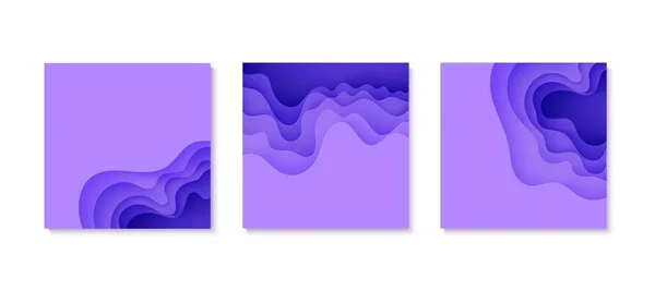 Набор абстрактных фонов в стиле резки бумаги. 3d фиолетовых цветов волны с гладкой тенью. Векторная иллюстрация со слоистой изогнутой линией. Квадратный состав жидких слоев в бумажном разрезе — стоковый вектор