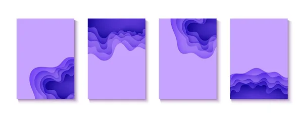 Set abstrakter Hintergründe im Scherenschnitt-Stil. 3d lila Farben Wellen mit glatten Schatten. Vektorillustration mit geschichteter geschwungener Linienform. Rechteckige Zusammensetzung flüssiger Schichten im Papierschnitt. — Stockvektor